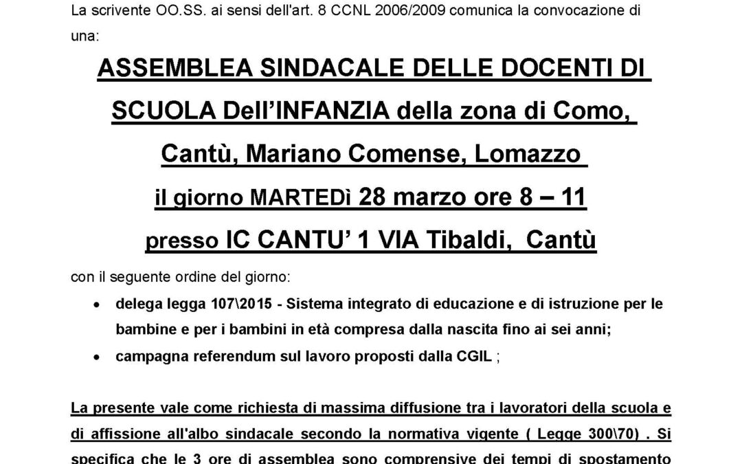 28 MARZO: ASSEMBLEA SINDACALE DELLE DOCENTI DI SCUOLA DELL’INFANZIA