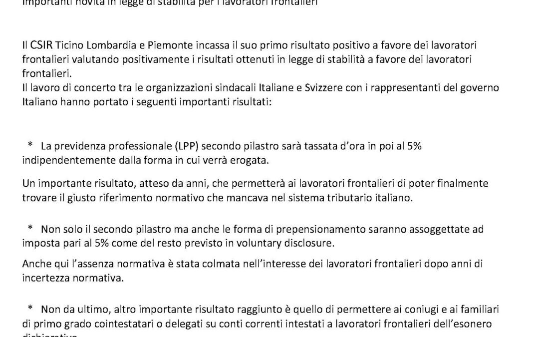 LEGGE DI STABILITA: FAVOREVOLI I RISULTATI OTTENUTI PER I FRONTALIERI