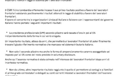 LEGGE DI STABILITA: FAVOREVOLI I RISULTATI OTTENUTI PER I FRONTALIERI