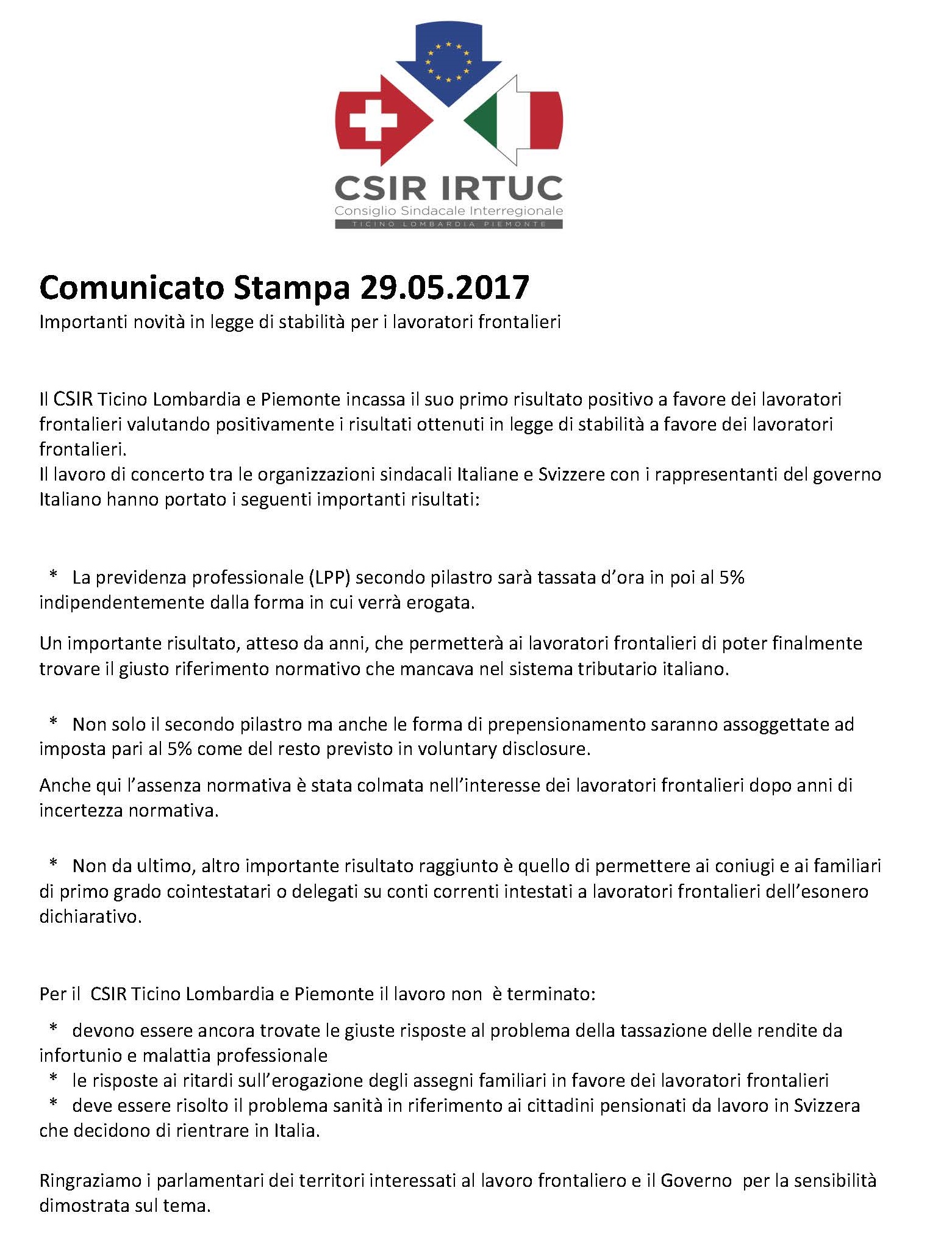 Comunicato Stampa CSIR maggio 2017def