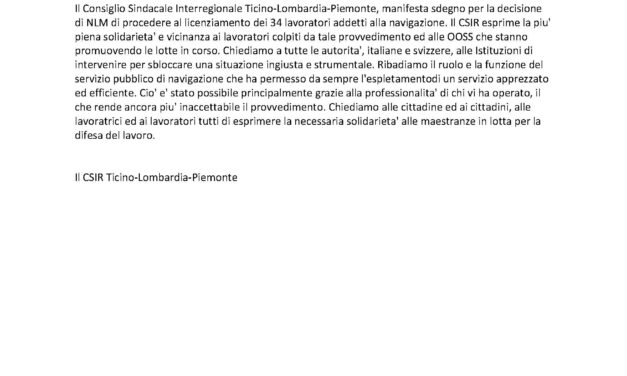 IL CSIR TICINO-LOMBARDIA-PIEMONTE CON I LAVORATORI DI NLM IN SCIOPERO