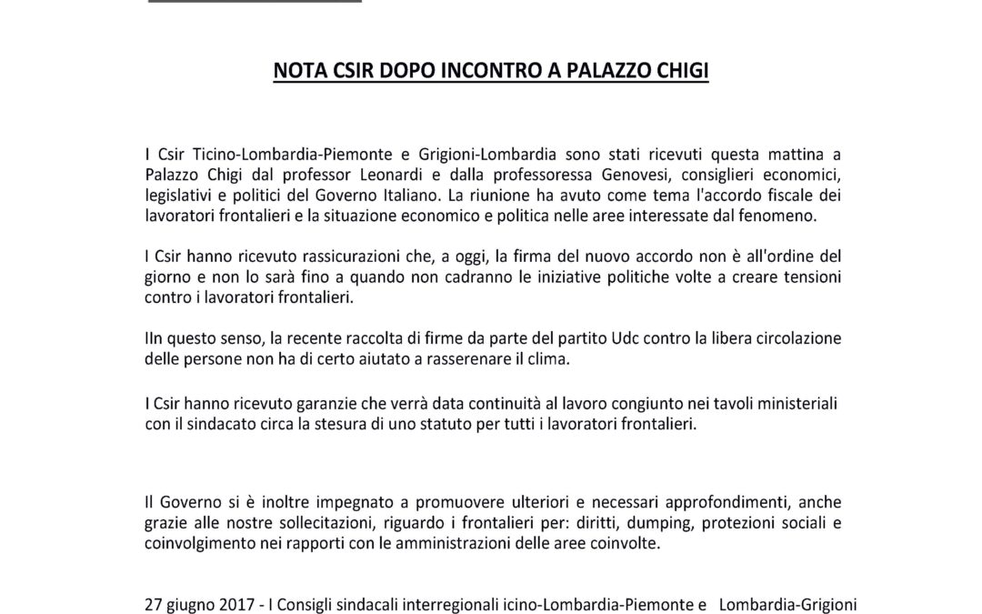 NOTA CSIR DOPO INCONTRO A PALAZZO CHIGI