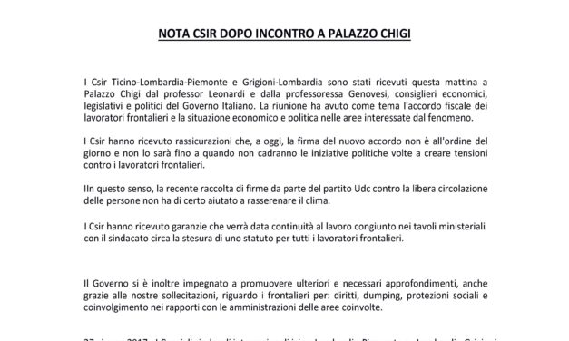 NOTA CSIR DOPO INCONTRO A PALAZZO CHIGI