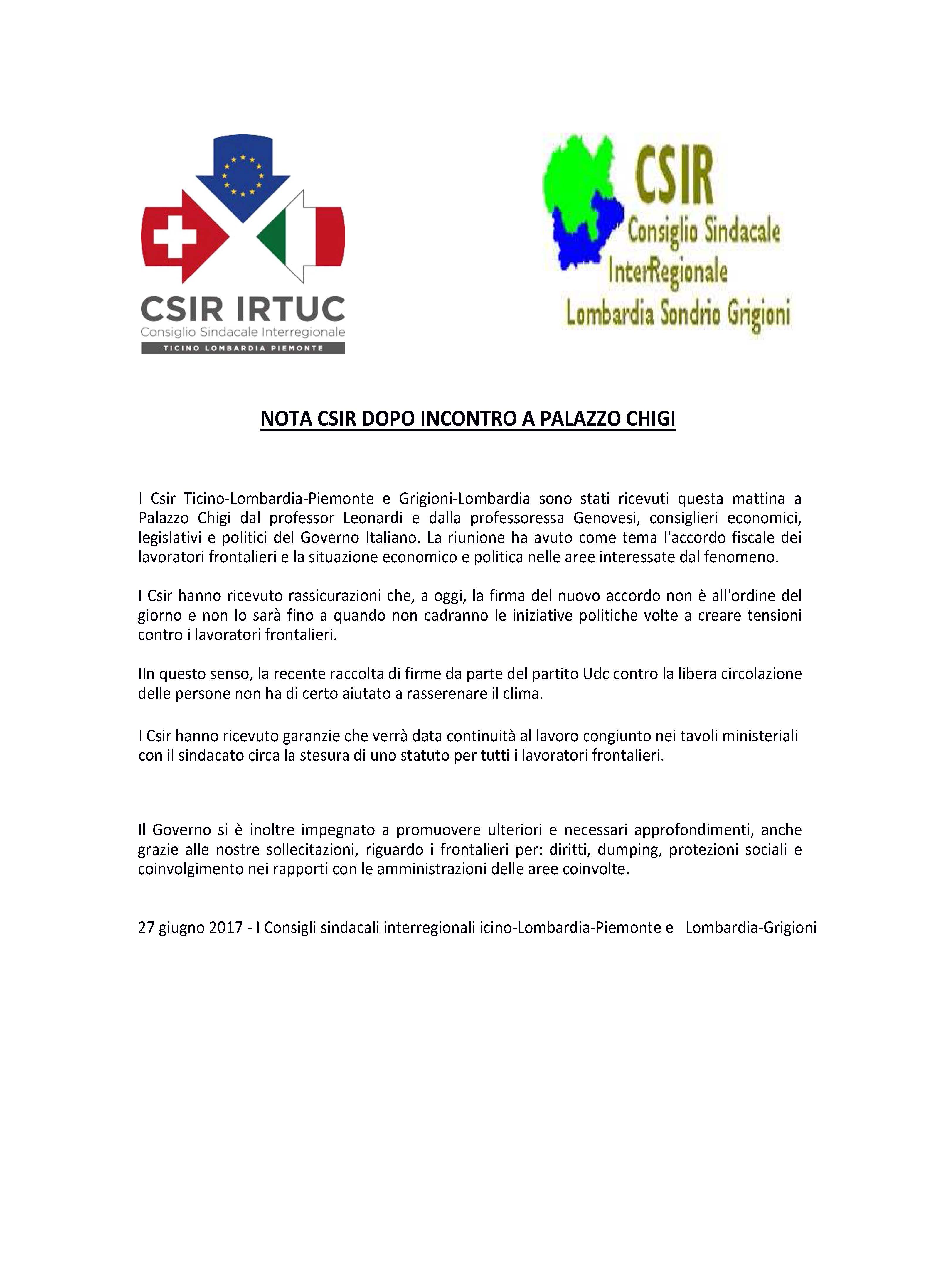 NOTA CSIR DOPO INCONTRO A PALAZZO CHIGI