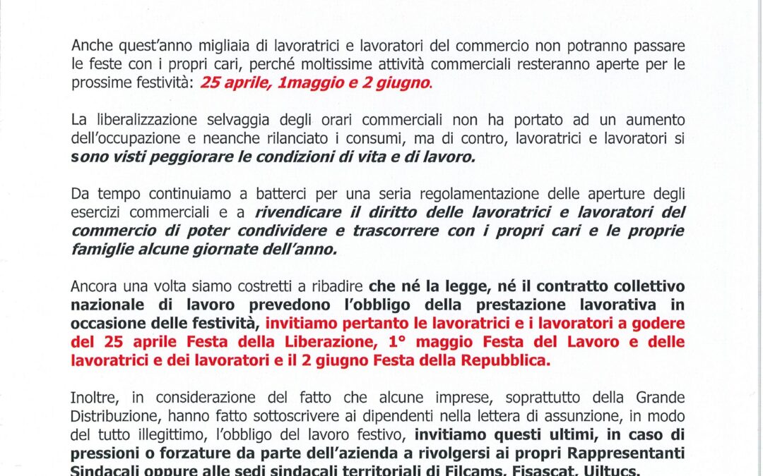 COMMERCIO: NO AL LAVORO NEI GIORNI FESTIVI