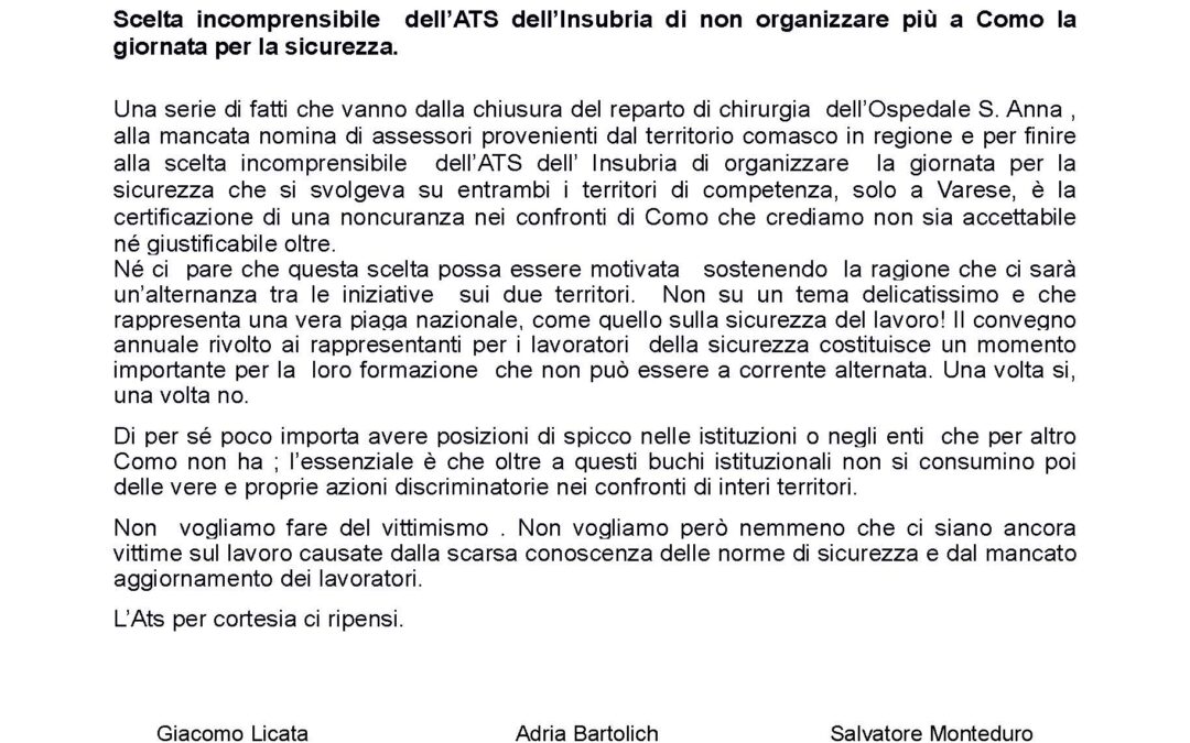 Scelta incomprensibile dell’ATS dell’Insubria di non organizzare più a Como la giornata per la sicurezza