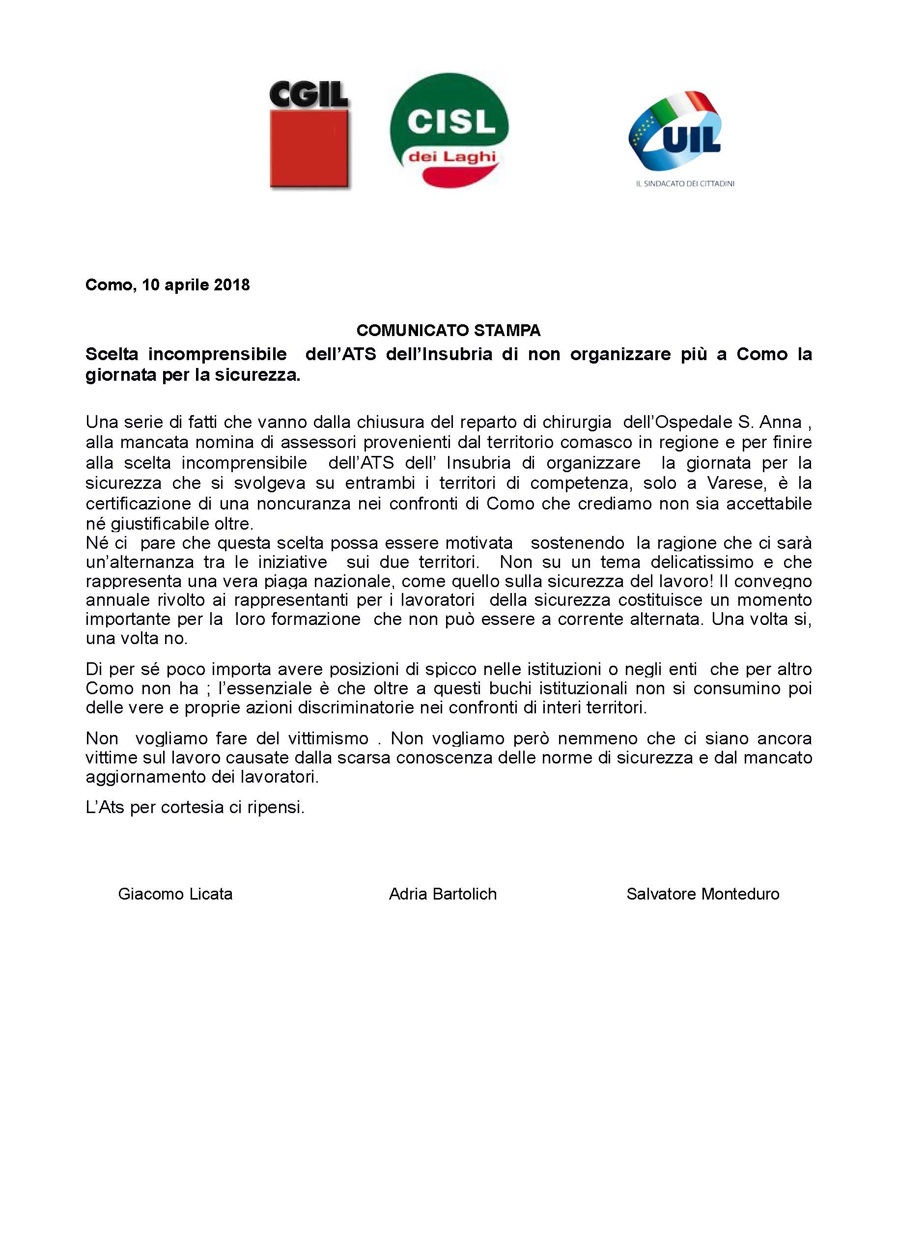 comunicato stampa Giornata Sicurezza
