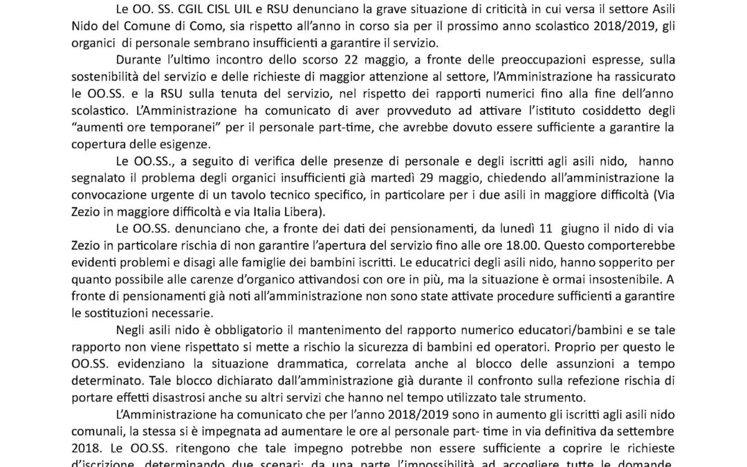 ASILI NIDO COMUNALI: CARENZA ORGANICO, A RISCHIO IL SERVIZIO