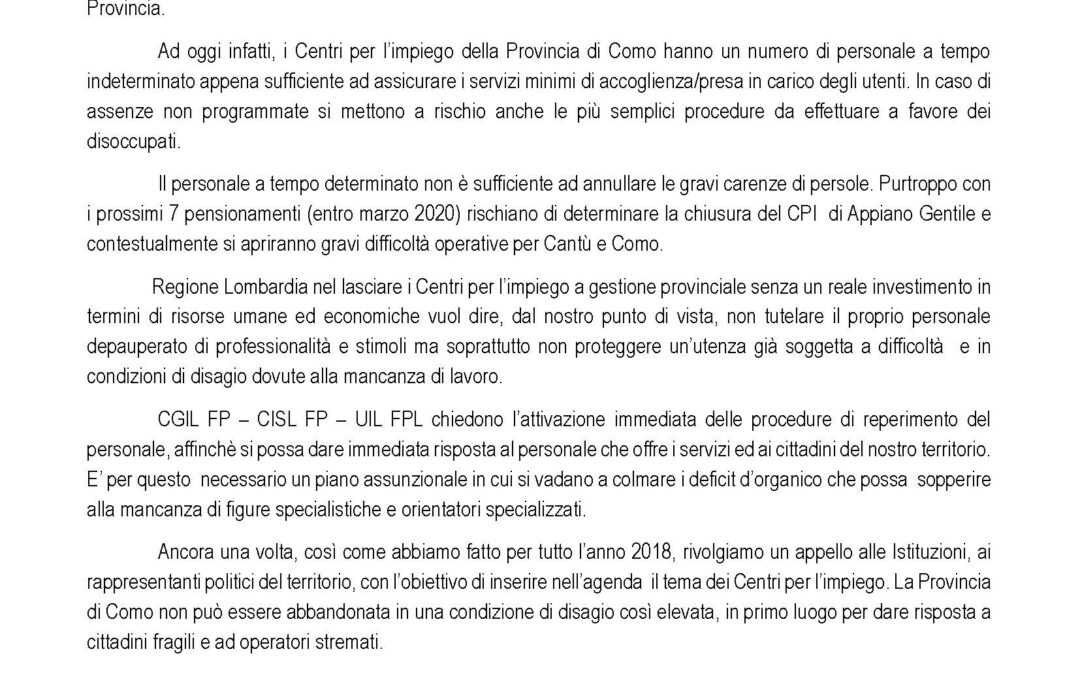 CENTRI PER L’IMPIEGO: L’ALLARME DEI SINDACATI