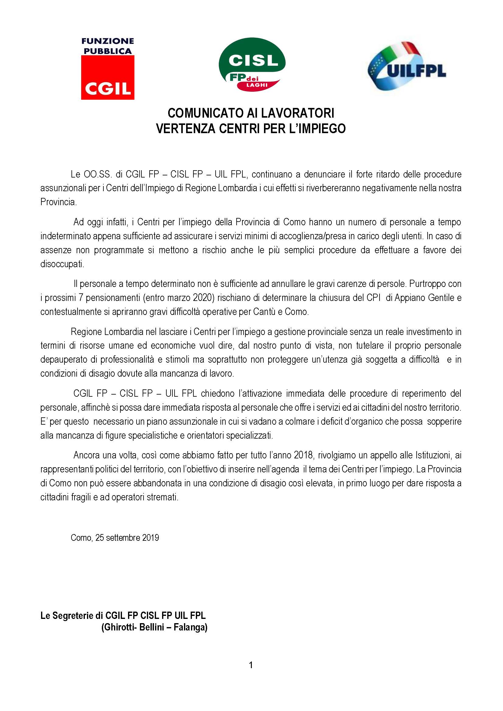 comunicato CPI 25 9 2019