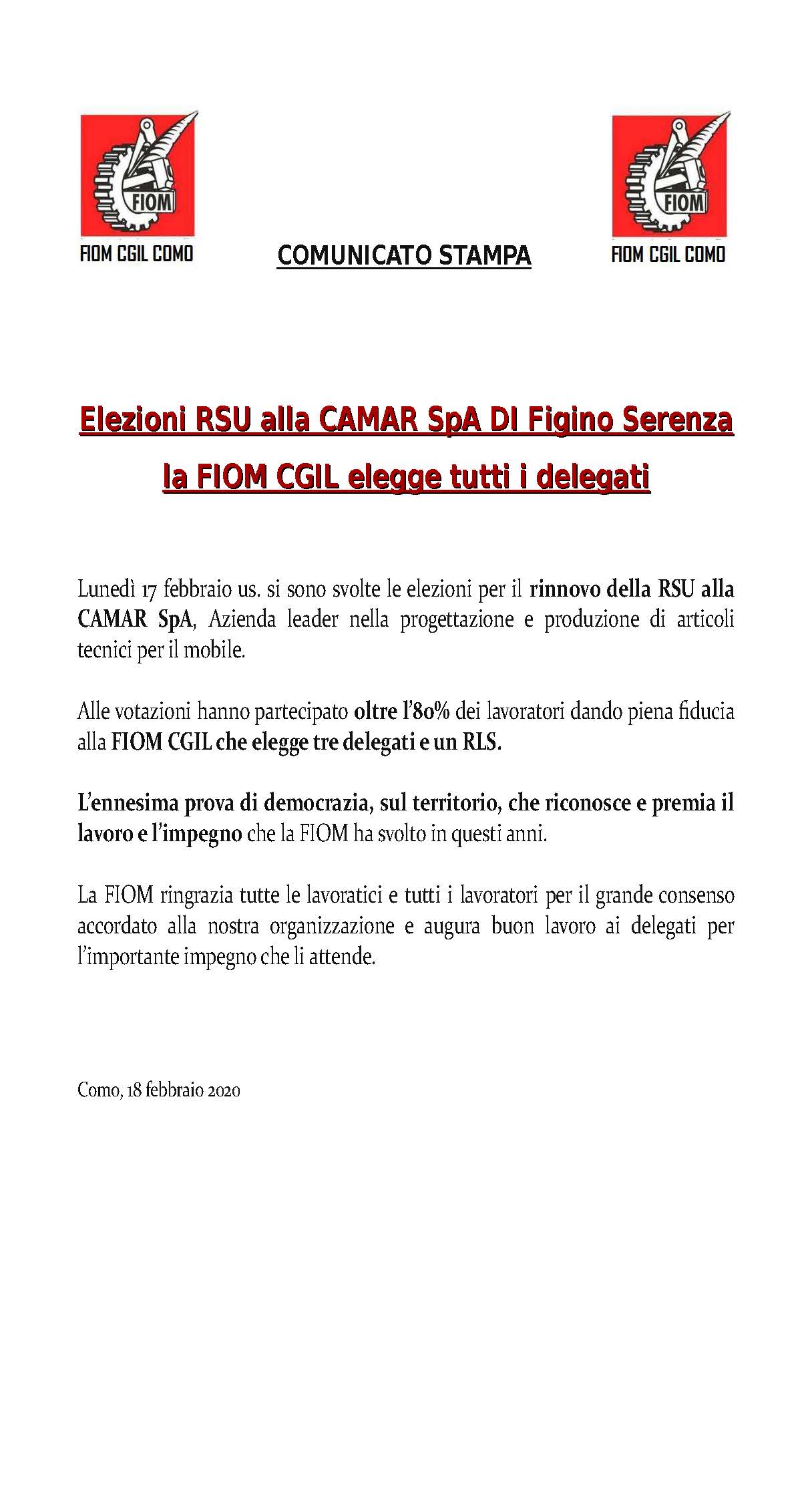 comunicato stampa RSU CAMAR(1)