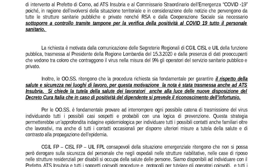 SOTTOPORRE IL TAMPONE A TUTTO IL PERSONALE SANITARIO