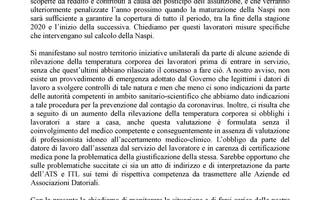 CORONAVIRUS: LA NOTA DEI SINDACATI INVIATA AL PREFETTO DI COMO