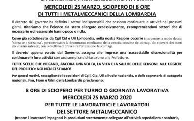 LA LOMBARDIA METALMECCANICA SI FERMA! MERCOLEDì 25 MARZO, SCIOPERO DI 8 ORE DI TUTTI I METALMECCANICI DELLA LOMBARDIA