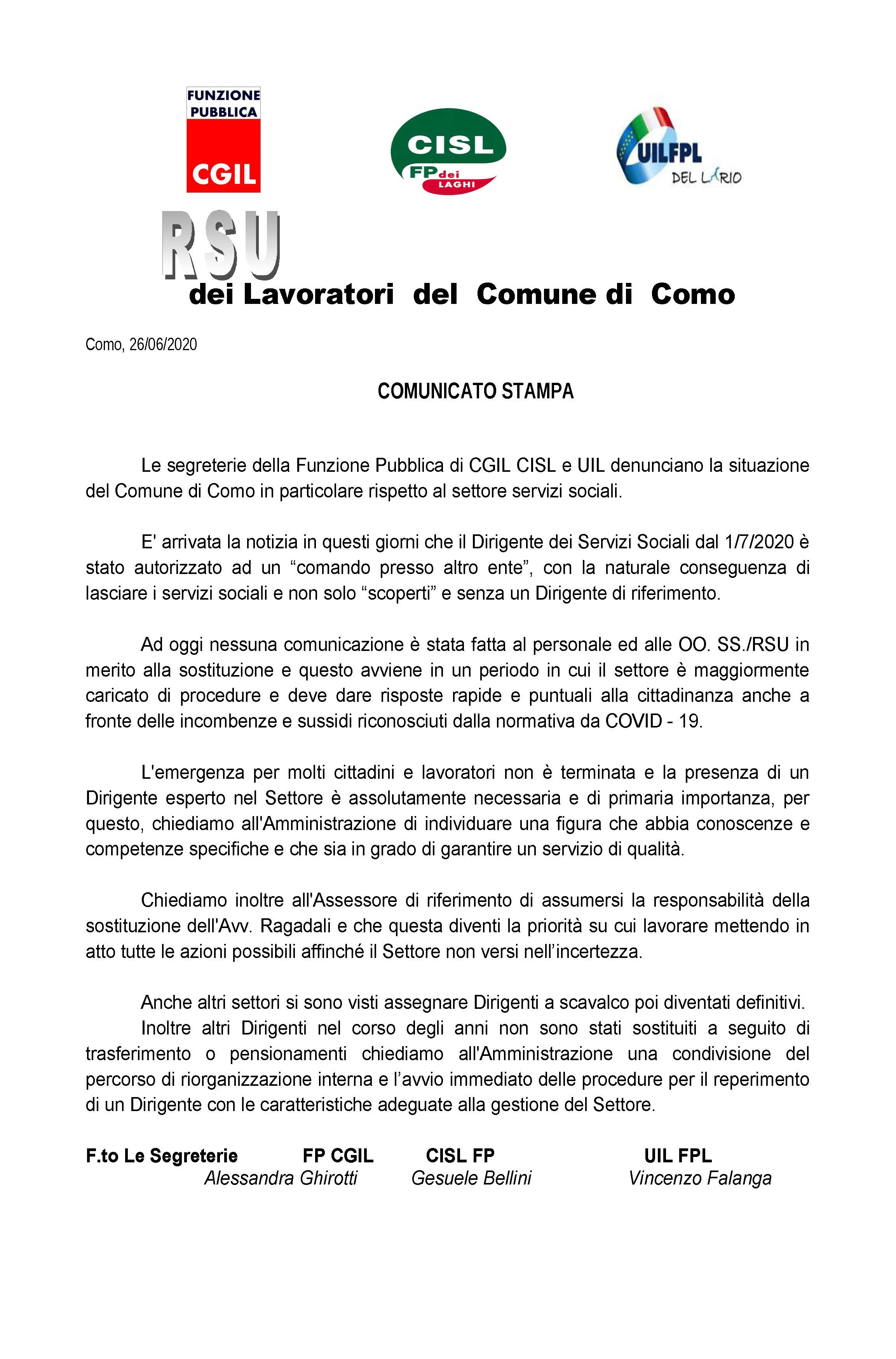 Comunicato stampa servizi sociali