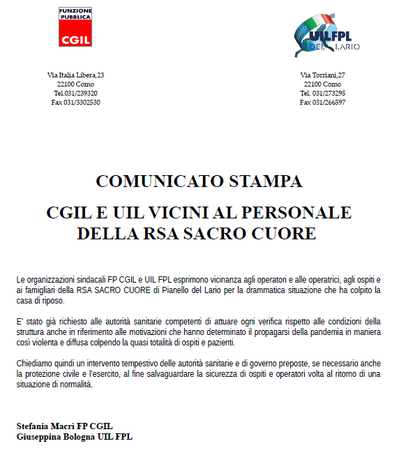 FP CGIL- CGIL E UIL VICINI AL PERSONALE DELLA RSA SACRO CUORE