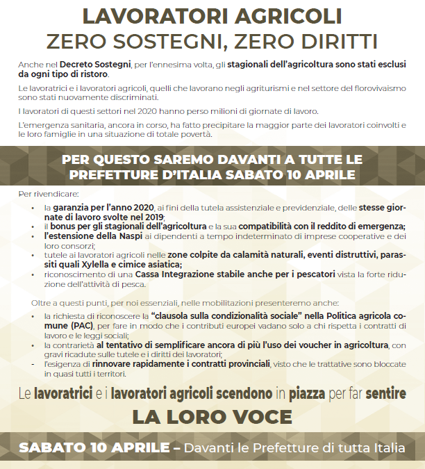 FLAI COMO – LAVORATORI AGRICOLI ZERO SOSTEGNI, ZERO DIRITTI 10 APRILE SCIOPERO