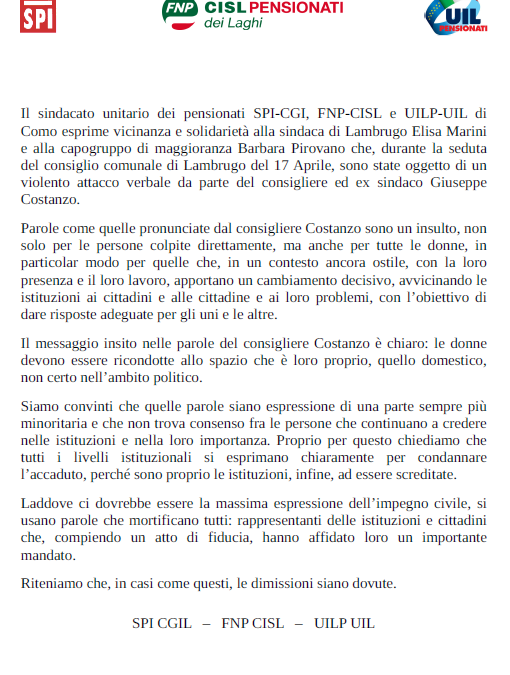 SPI CGIL COMO – Comunicato unitario di solidarietà Lambrugo