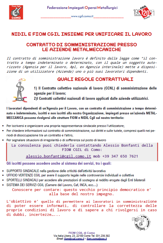 FIOM CGIL COMO – Contratto di somministrazione presso le aziende Metalmeccaniche