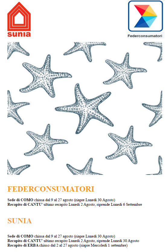 SUNIA FEDERCONSUMATORI – Chiusure Estive 2021