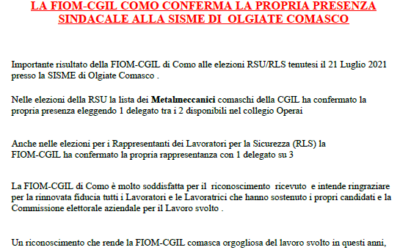 FIOM COMO – LA FIOM-CGIL COMO CONFERMA LA PROPRIA PRESENZA SINDAC ALE ALLA SISME DI OLGIATE COMASCO