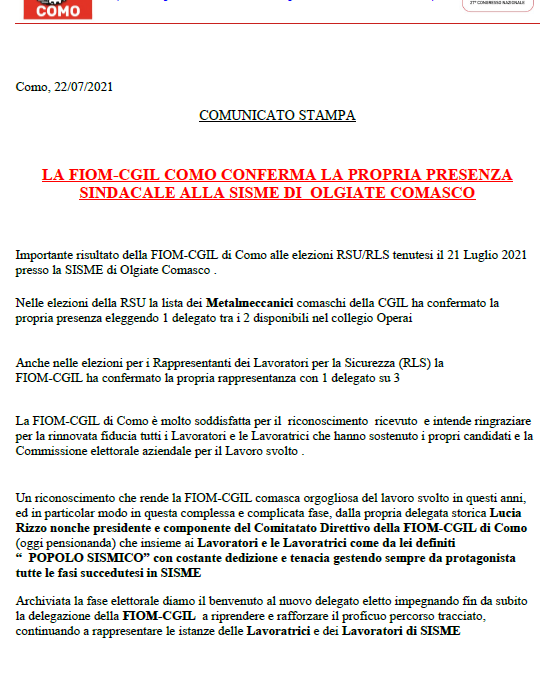 FIOM COMO – LA FIOM-CGIL COMO CONFERMA LA PROPRIA PRESENZA SINDAC ALE ALLA SISME DI OLGIATE COMASCO