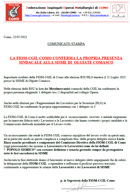 FIOM COMO – LA FIOM-CGIL COMO CONFERMA LA PROPRIA PRESENZA SINDAC ALE ALLA SISME DI OLGIATE COMASCO