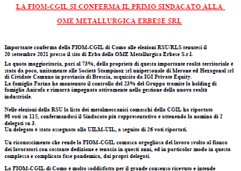 FIOM CGIL COMO – LA FIOM-CGIL SI CONFERMA IL PRIMO SINDACATO ALLA OME METALLURGICA ERBESE SRL