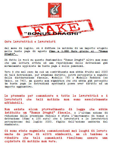 FIOM COMO – Fake “Bonus Draghi”