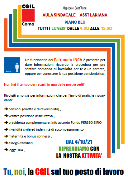 DA LUNEDI’ 4/10 RIPRENDE LA PRESENZA DEL PATRONATO INCA IN AULA SINDACALE OSPEDALE S’ANT’ANNA