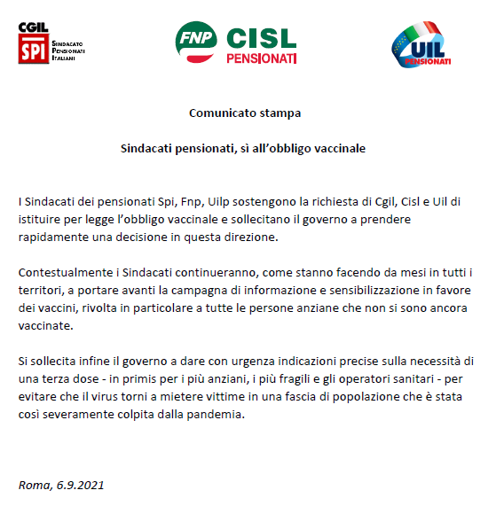 SPI CGIL Como – Sindacati pensionati, sì all’obbligo vaccinale