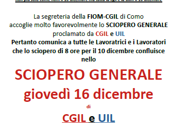 FIOM CGIL COMO – 16 dicembre 2021 Sciopero Generale CAMBIO DATA