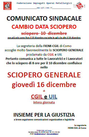 FIOM CGIL COMO – 16 dicembre 2021 Sciopero Generale CAMBIO DATA