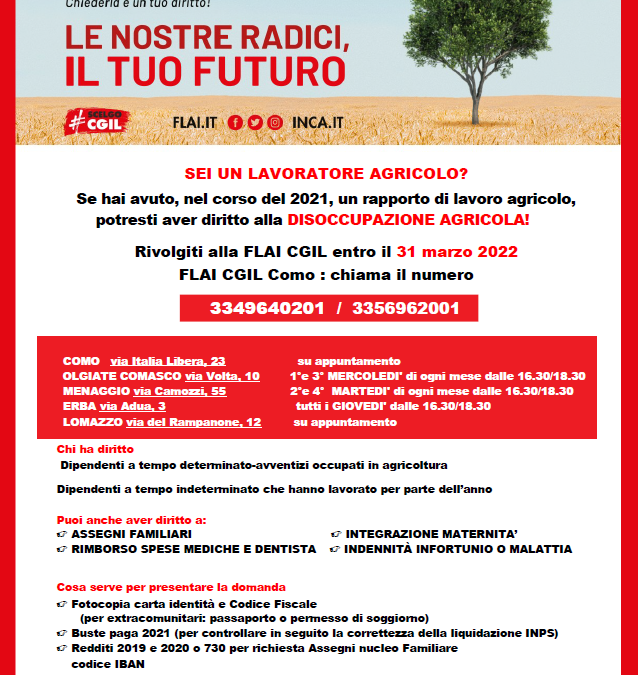 FLAI CGIL COMO – CAMPAGNA DISOCCUPAZIONE AGRICOLA