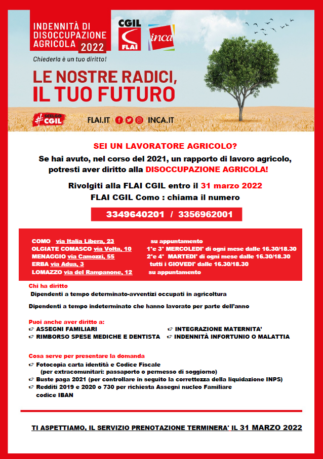 FLAI CGIL COMO – CAMPAGNA DISOCCUPAZIONE AGRICOLA