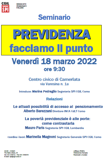 SPI CGIL Como – Seminario sulla previdenza 18 marzo 2022