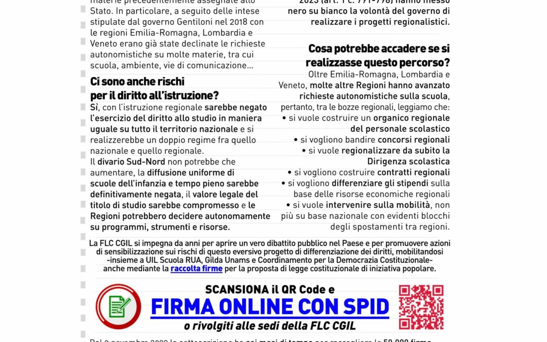 Autonomia differenziata, la FLC e la CGIL dicono NO