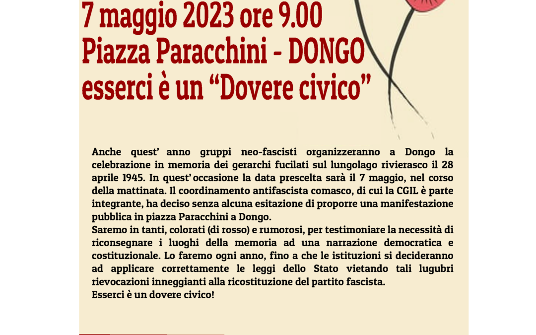 7 maggio 2023 ore 9.00 Piazza Paracchini – DONGO esserci è un “Dovere civico”