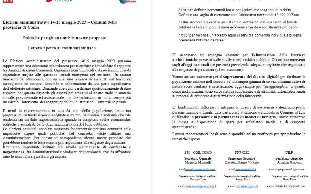 lettera unitaria ai candidati sindaci dei comuni delle provincia che andranno al voto domenica e lunedì prossimo