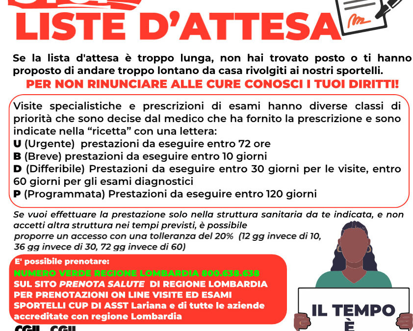 Cgil e Spi Cgil aprono in provincia di Como per supporto e informazione sul  tema delle liste d’attesa nella sanità dal 27 gennaio