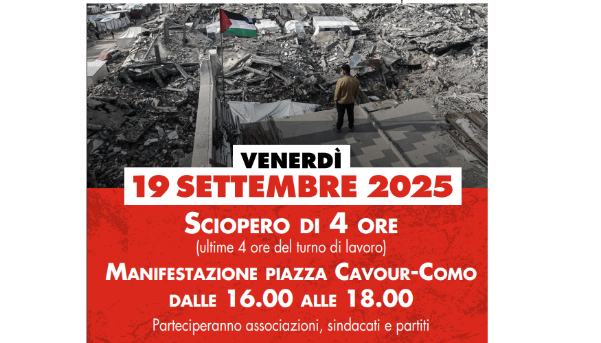 19 settembre 4 ore di sciopero a Como per i settori privati e manifestazione per Gaza